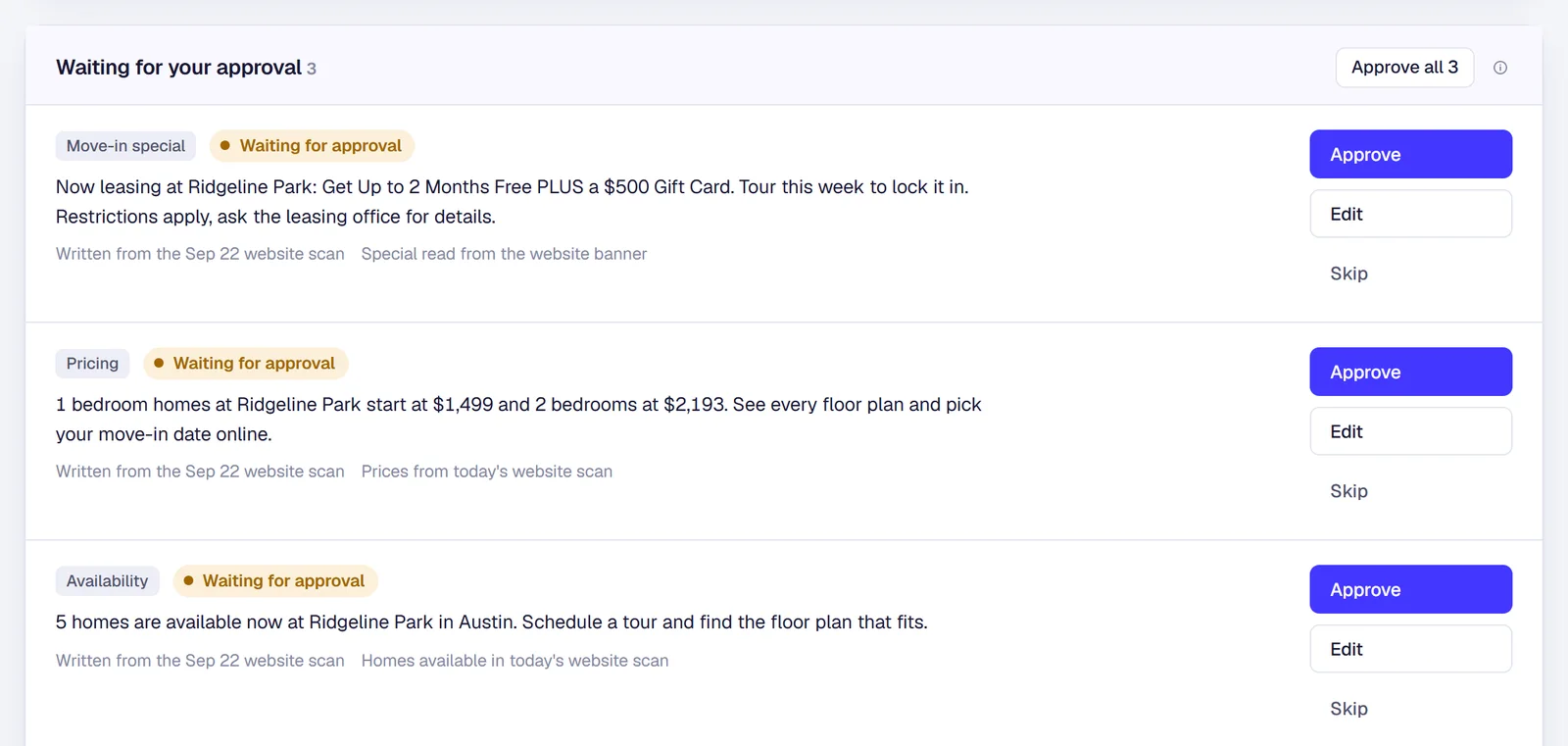 Google Business posts waiting for approval in Jamesday Marketing Pulse: a move-in special, a pricing post and an availability post, each with Approve, Edit and Skip.